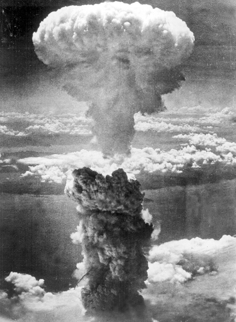 A mushroom cloud over Nagasaki from an atomic bomb explosion, 1945