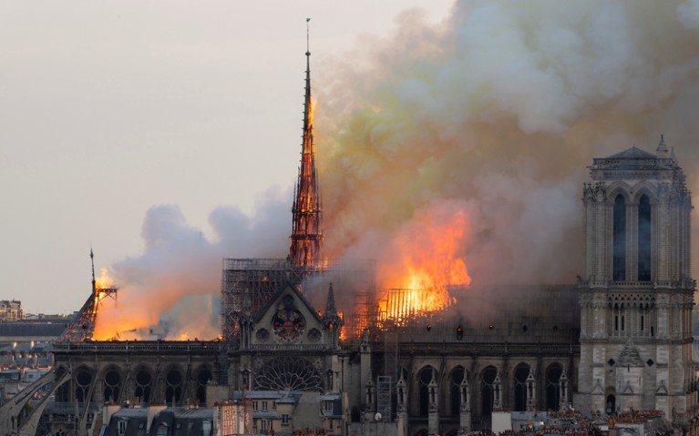 Smoke billows as flames burn through the roof of the Notre-Dame de Paris Cathedral on April 15, 2019.
