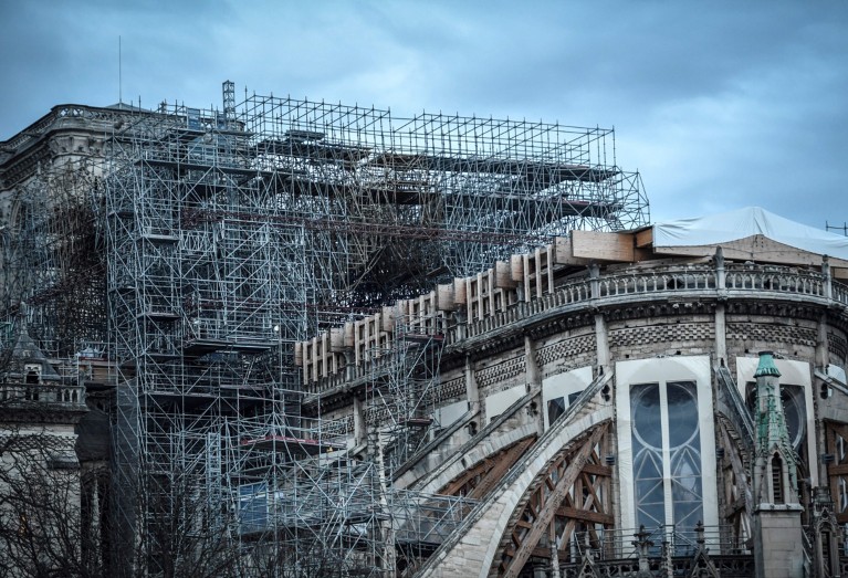 Partial view of the Notre-Dame Cathedral in Paris, which was partially destroyed in April 2019.