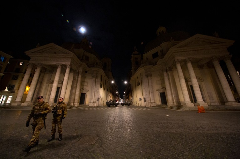 Rome's Via del Corso from Piazza del Popolo with some soldiers in the evening