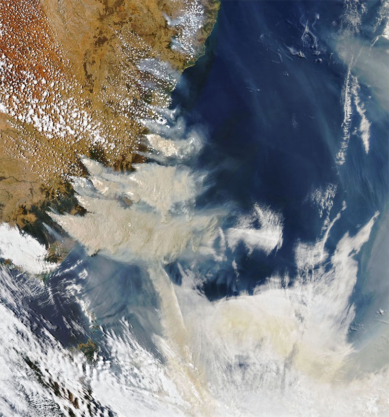 NASA’s Aqua satellite photo of the Australian smoke plumes from the fires below on January 4