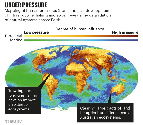 Under pressure. Map showing human pressure on marine and terrestrial global areas.