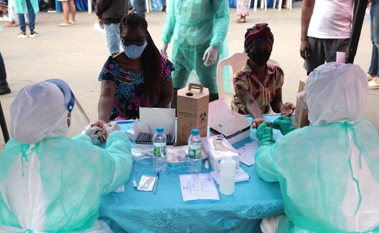 Healthcare professionals run serological tests for Covid-19 in Luanda, Angola
