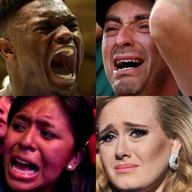 Combination image of four extreme close up photos of people's emotional faces