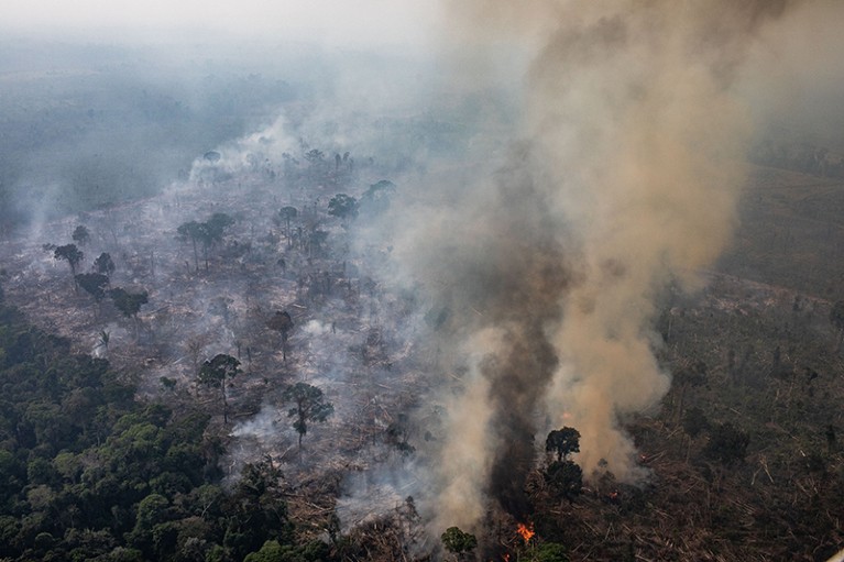 An aerial view of a fire burning in a section of the Amazon rain forest in Brazil.