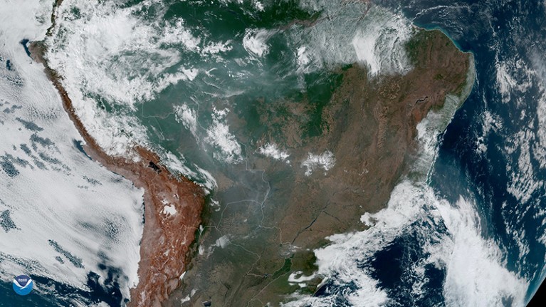 Fires, burning in the Amazon Rainforest, are pictured from space.