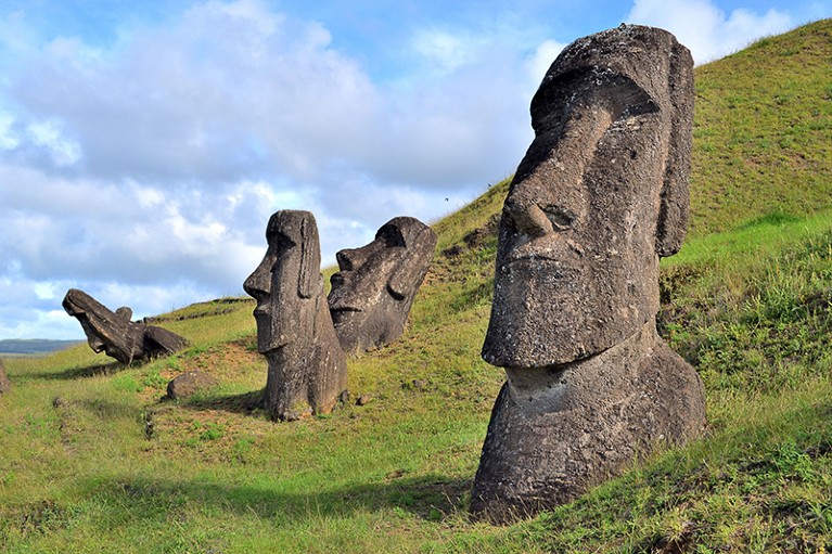 Four Moais, the typical large monolithic human figures statues, on Easter Island