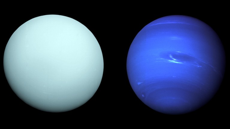 Voyager 2 images of Uranus (L) and Neptune (R).