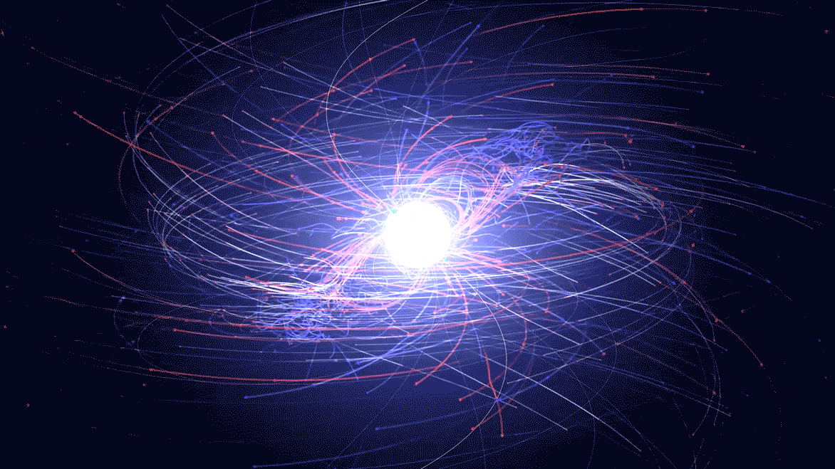 A computer simulation shows electrons and positrons accelerated to high energies in the magnetic and electric fields of a pulsar