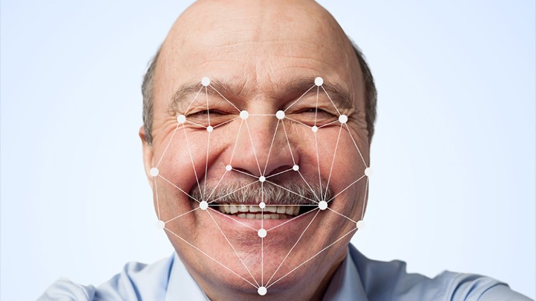 Illustration of a elderly man's smiling face mapped by recognition software
