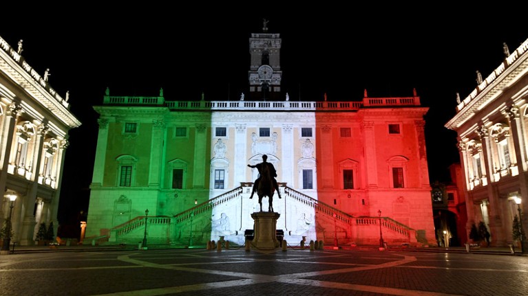 Rome's Town Hall is lit up with the colours of the Italian flag to show solidarity for coronavirus battle.