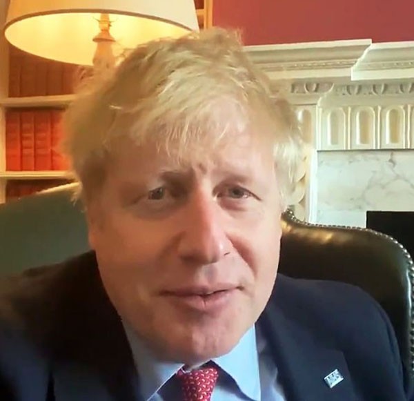 A still from a Twitter video in which Prime Minister Boris Johnson announces he has tested positive for coronavirus