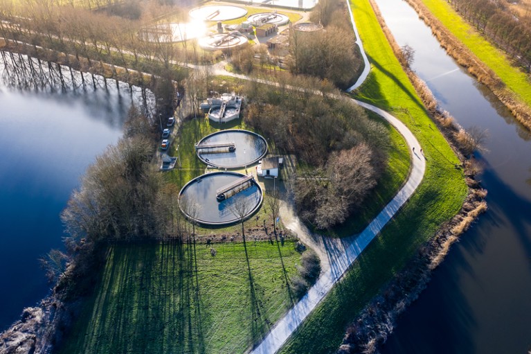 A bird's eye view of a water cleaning plant purifying sewage water, Netherlands