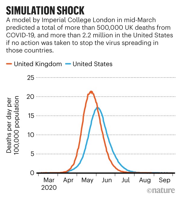 Simulation shock: A model predicts the number of deaths per day in the United Kingdom and United States due to COVID-19.