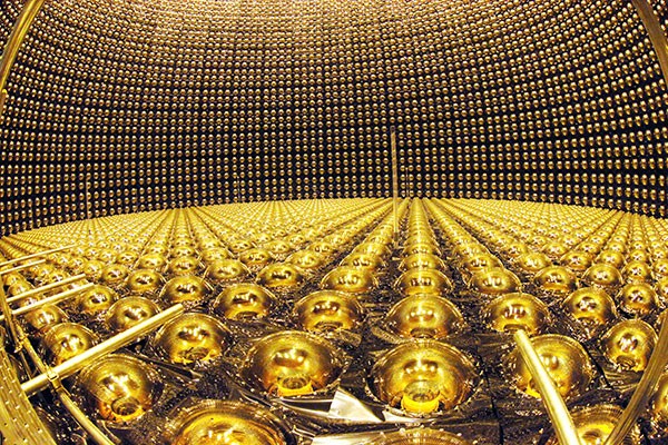 View of photomultiplier tubes arranged at the Super-Kamiokande neutrino detector facility