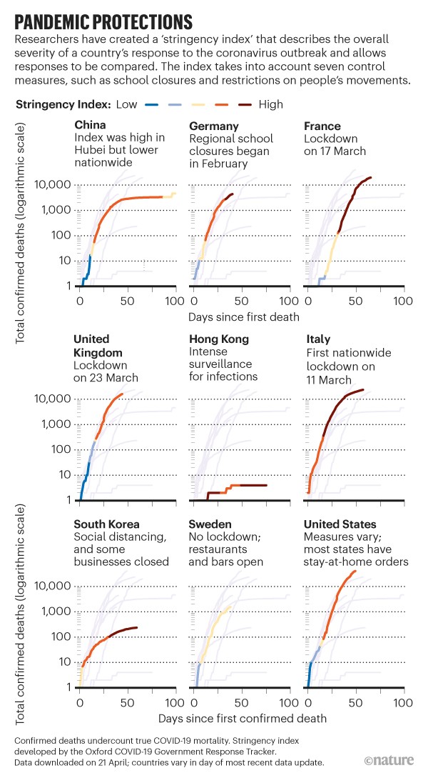 Pandemic Protection: line charts highlighting several countries' severity of response to coronavirus since day of first death.