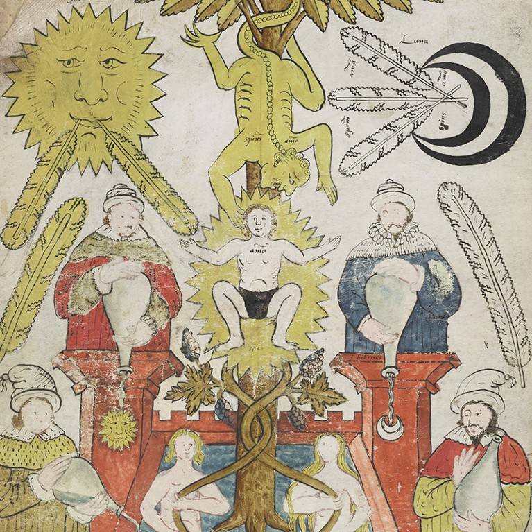 A child is born from the chemical wedding of sun and moon, detail from a scroll