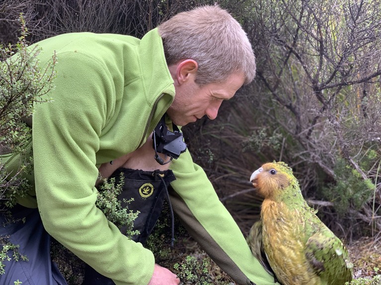 Andrew Digby crouches down next to a kakapo