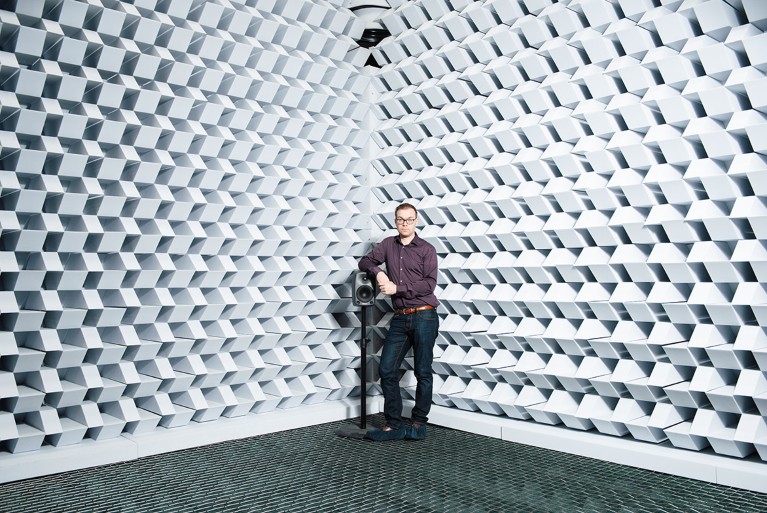 Acoustic engineer and researcher Jukka Pätynen photographed in a lab at Aalto University.