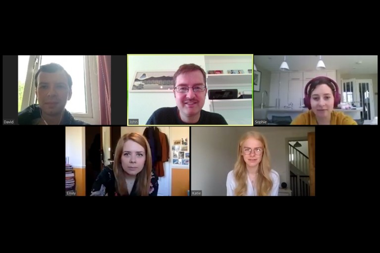 A screen grab of an online meeting with John's lab group