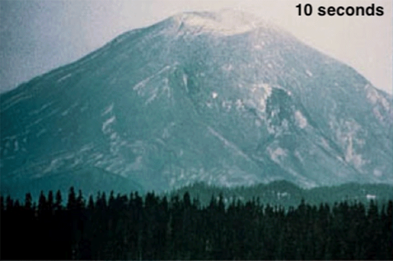 Sequence of four photos of Mount Saint Helens showing a large landslide after an earthquake in 1980.