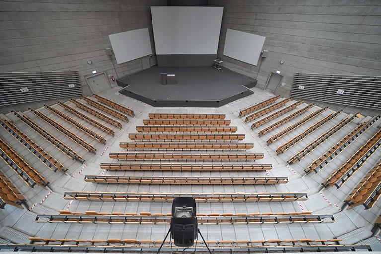 An empty lecture hall at Technical University Munich during the coronavirus crisis.