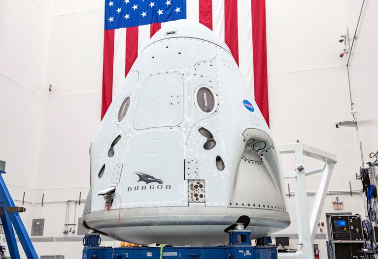 The SpaceX Crew Dragon spacecraft undergoes final processing at Cape Canaveral Air Force Station, Florida.