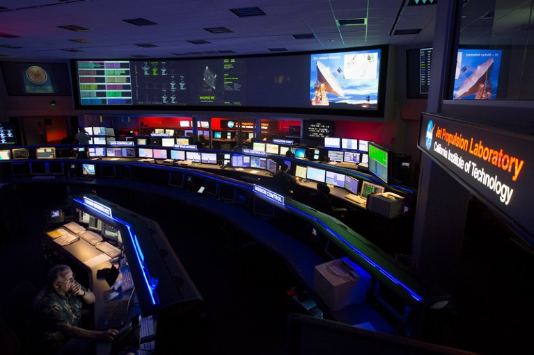 The mission control room of the JPL Space Flight Operations Facility