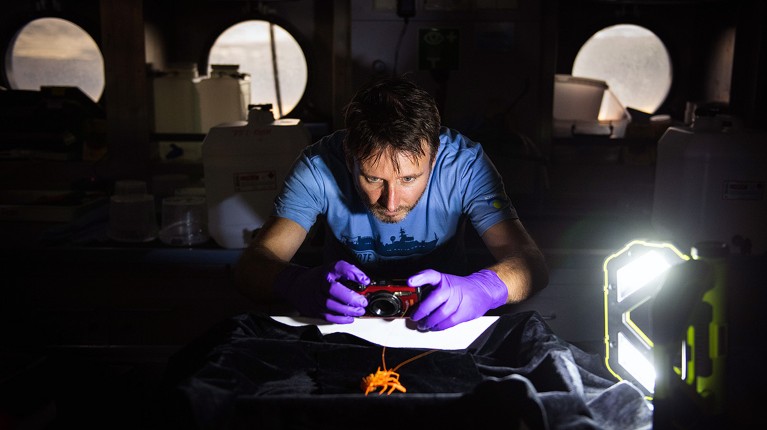 Andrew Hosie photographing a deep water sea creature