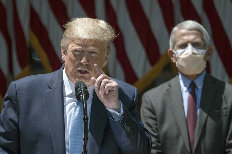 Dr. Anthony Fauci, right, and U.S. President Donald Trump at a press conference at the White House