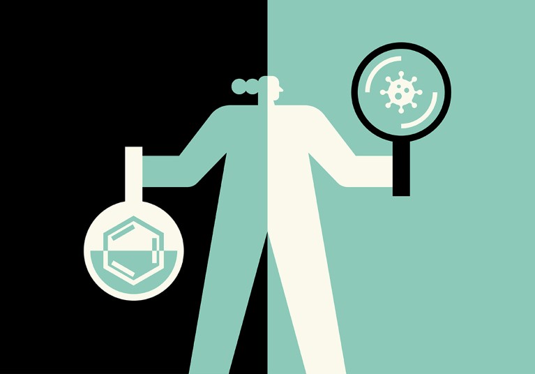 Cartoon of a person holding a flask containing a chemical structure in one hand, the other a magnifying glass looking at a virus