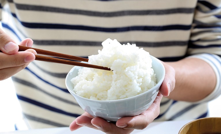 Close-up of chopsticks picking up cooked rice from a bowl