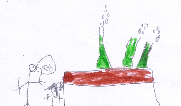 Child's illustration of an adult and child doing an experiment with bubbling green liquids in flasks