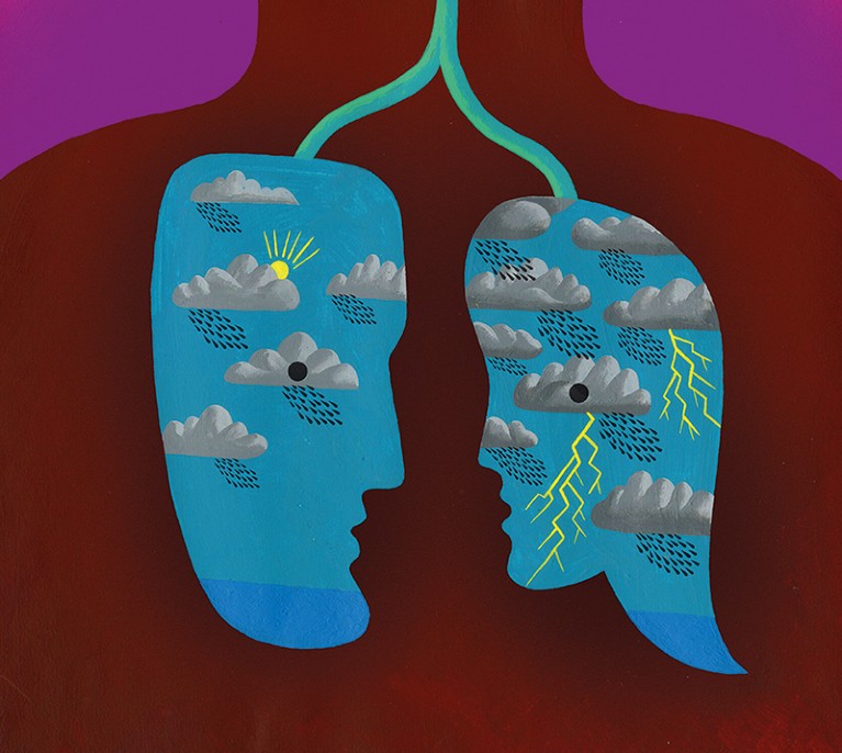 Illustration of a pair of lungs with a human profile, one with sun and clouds and the other with stormy clouds