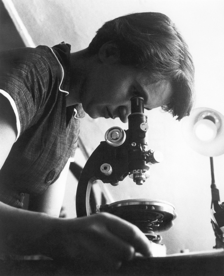 Portrait of Rosalind Franklin looking into a microscope