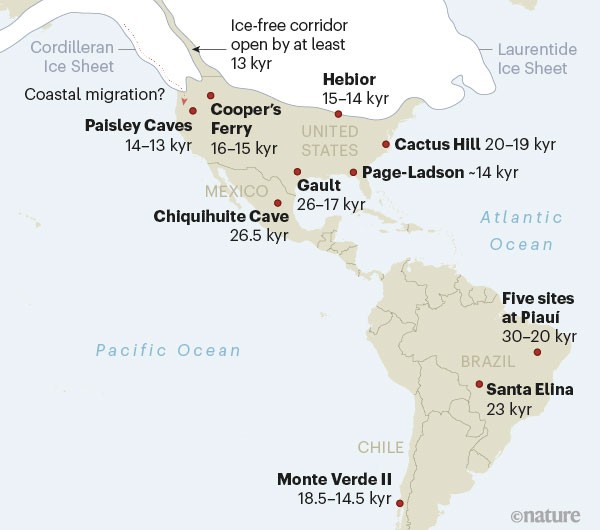 Map of North and South America showing some sites associated with early human occupation