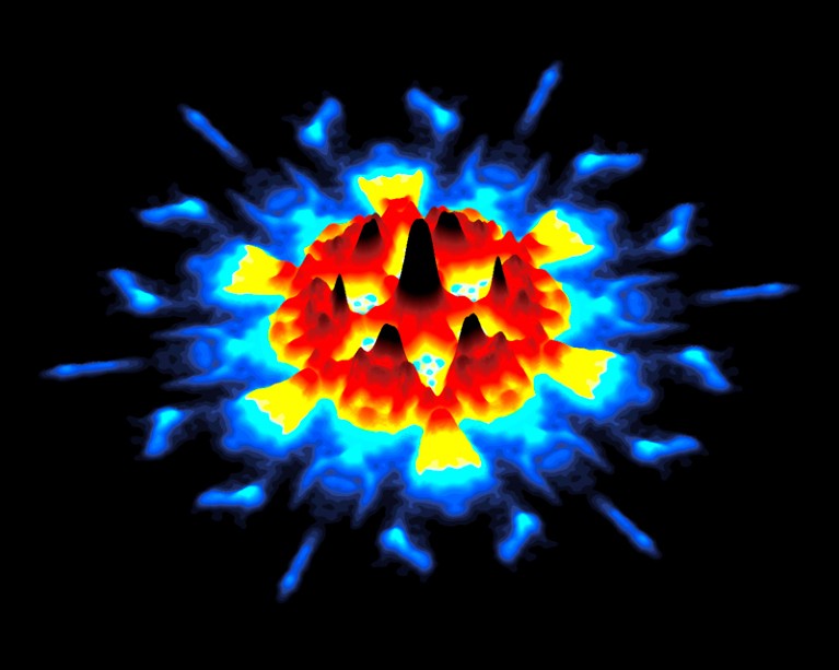 Computer model showing interference patterns formed by quantum waves