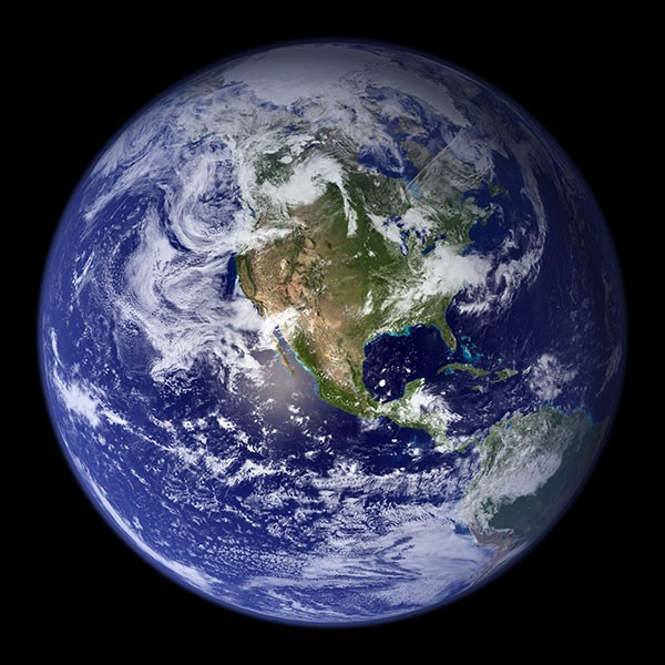 The western hemisphere of the Blue Marble, created in 2002.