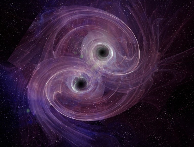 Artistic concept of two black holes circling each other before merging