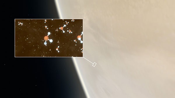 Illustration of phosphine molecules in a box near an image of Venus.