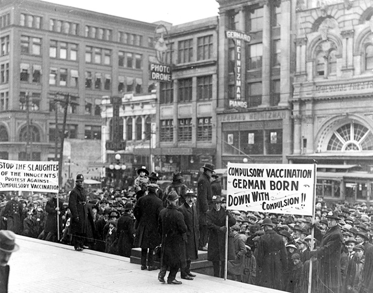 A demonstration against Dr. Hasting's health plan of vaccination against smallpox, Toronto, Canada