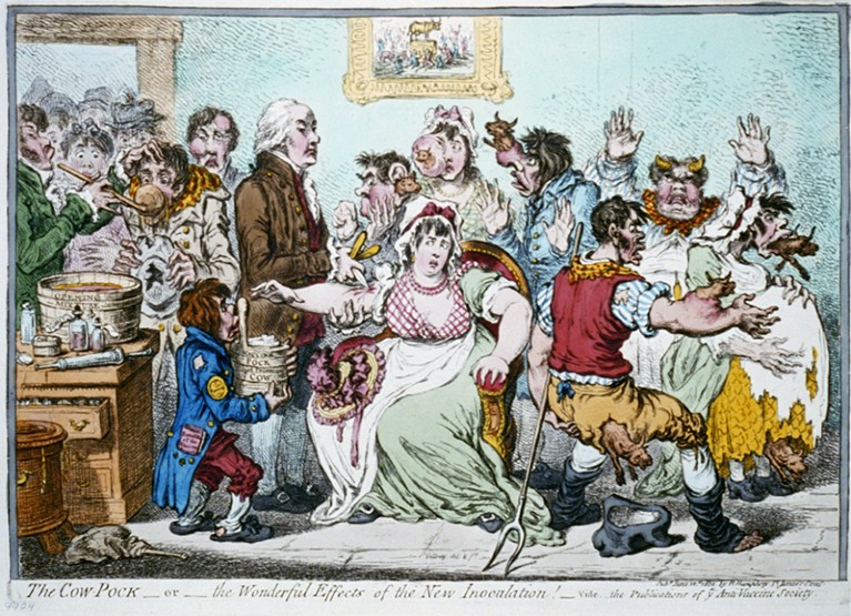 A caricature of a group of people showing early anti-vaccine sentiment