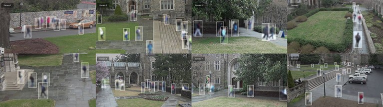 Still frames from the Duke MTMC (Multi-Target-Multi-Camera) CCTV dataset captured on Duke University campus in 2014.