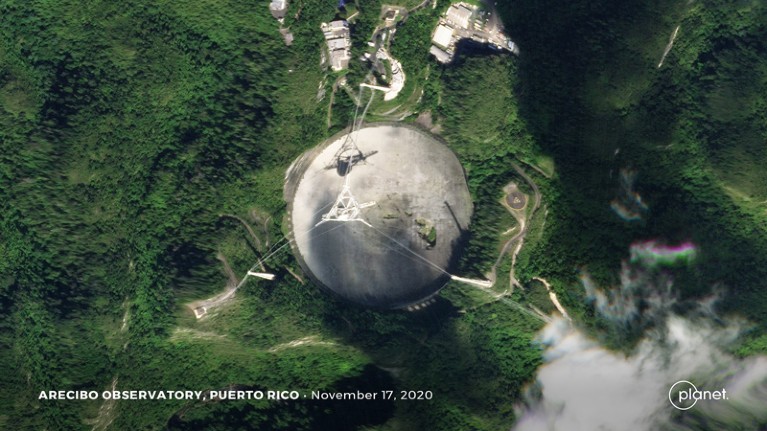 A satellite image of the Arecibo Observatory on 17 November 2020 shows a hole in the dish.