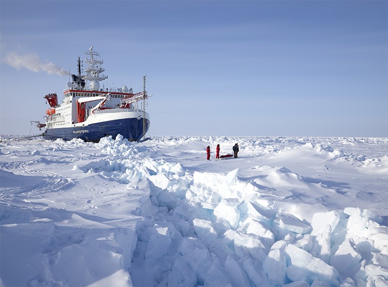 极地船尾在北极冰层上漂流
