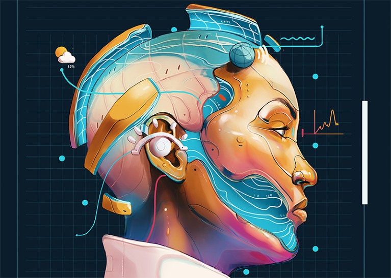 Illustration of person with AI augmentations