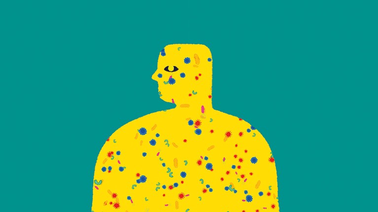 Illustration of a human figure with their skin composed of microbes