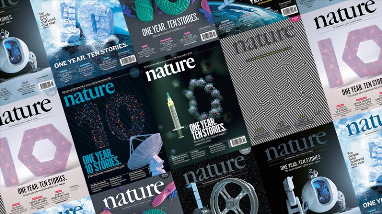 Composite images of Nature covers featuring artwork depicting the number ten