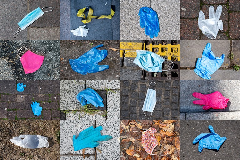 A composite photo of discarded surgical gloves and masks during the coronavirus lockdown in Wales
