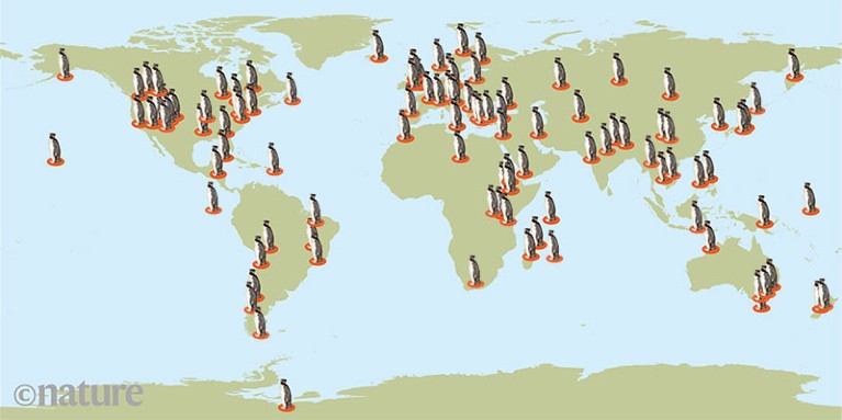 A world map illustrating the locations Leif Penguinson has visited.
